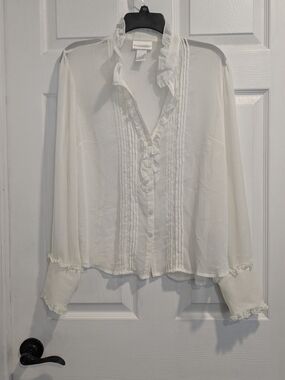 Worthington Sheer Chiffon Like, Cream Ruffle Blouse - Size 16 Lace & Pintuck